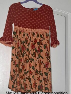 Matilda Jane Rust Polka Dot & Peach Floral Girls Dress Size 8